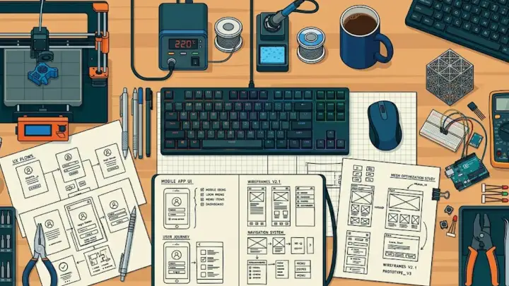 An organized engineering workbench with a 3D printer, soldering station, and various tools