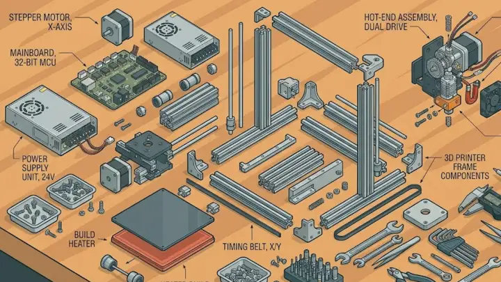 A disassembled 3D printer with tools scattered across a workbench