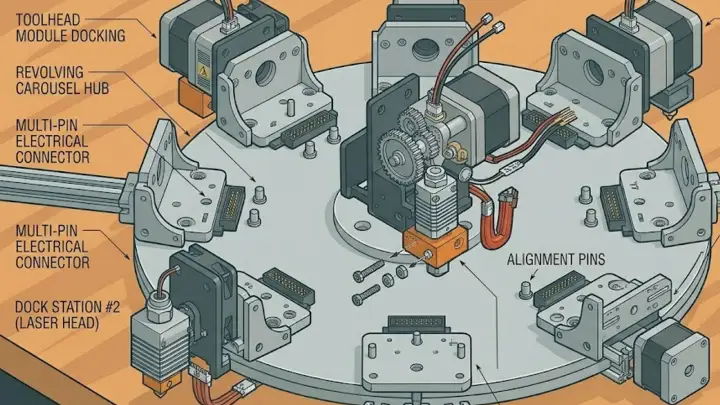 A close-up of a 3D printer toolhead carousel docking an extruder