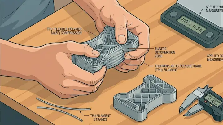 A person squeezing a 3D printed flexible TPU part to demonstrate elasticity