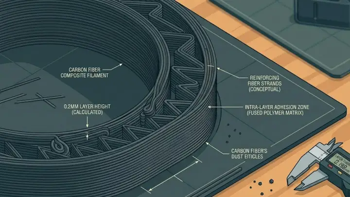 Macro shot of a high-strength carbon fiber 3D print showing layer adhesion