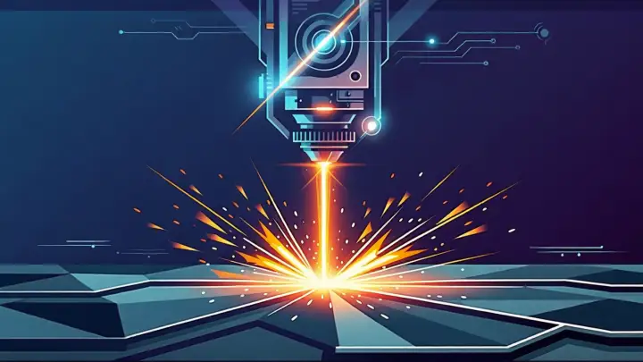A high-precision laser cutter head firing a beam at a metal plate