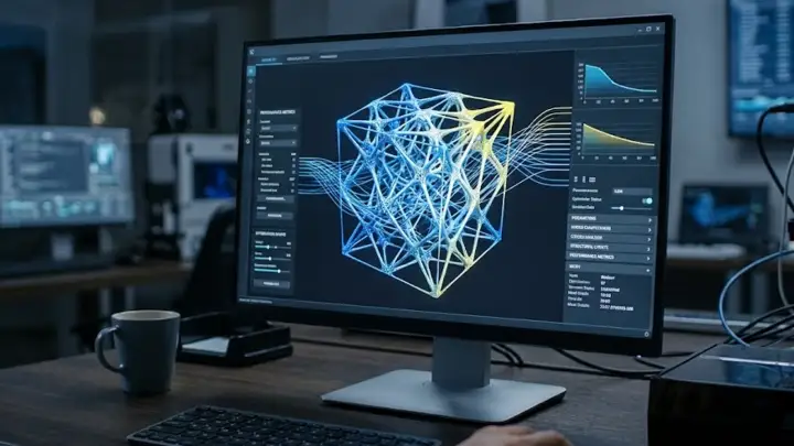 Generative design lattice structure on a computer screen being optimized by AI